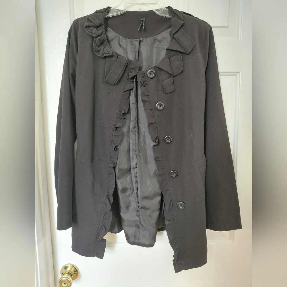 Black Ruffle-Trim Button Front Women's Coat - Picture 1 of 6